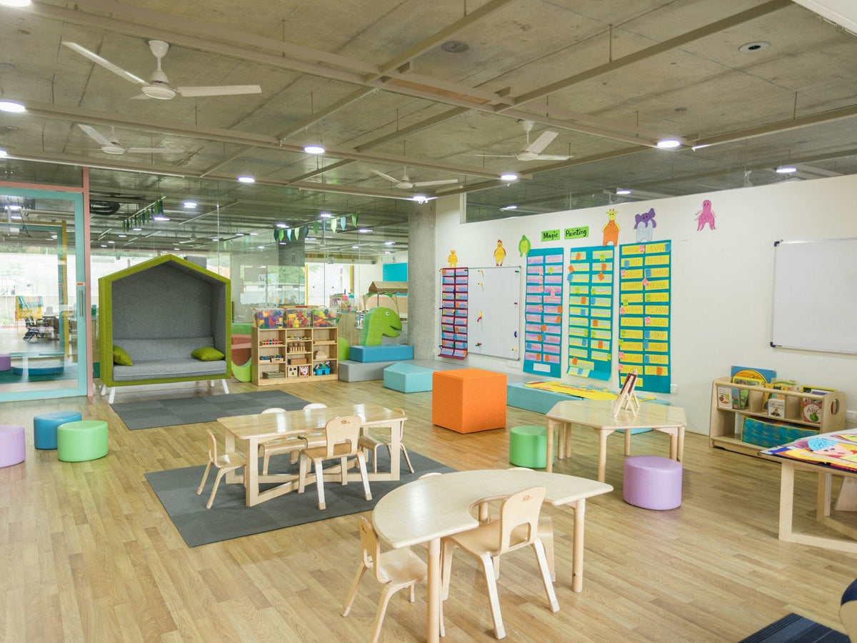 A bright daycare room with play areas