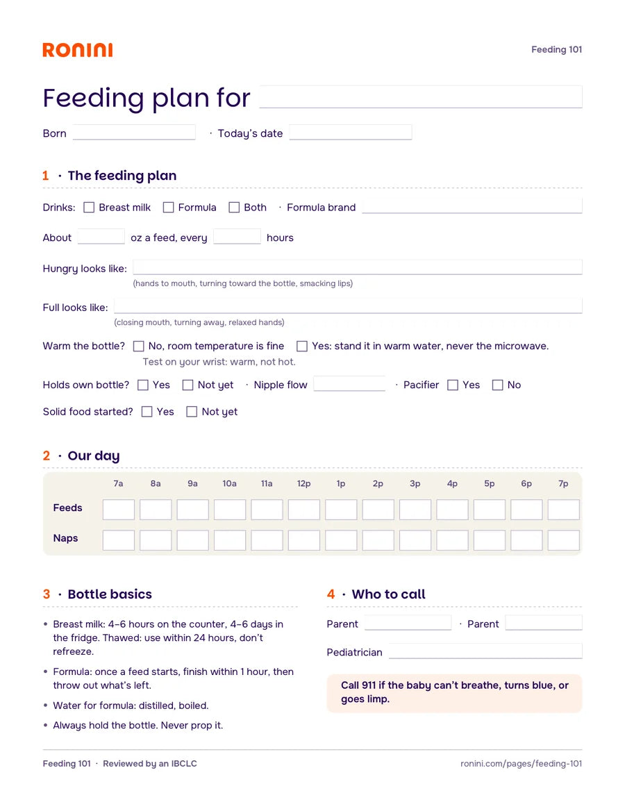 The one-page feeding plan: the feeding plan, our day, bottle basics and who to call